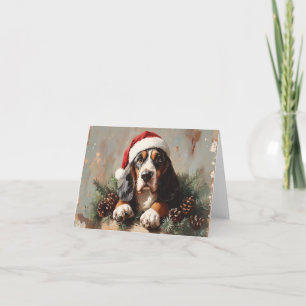 Basset Hound in a Santa Hat Oil Painting Holiday Card