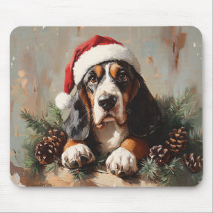 Basset Hound in a Santa Hat Oil Painting Mouse Mat