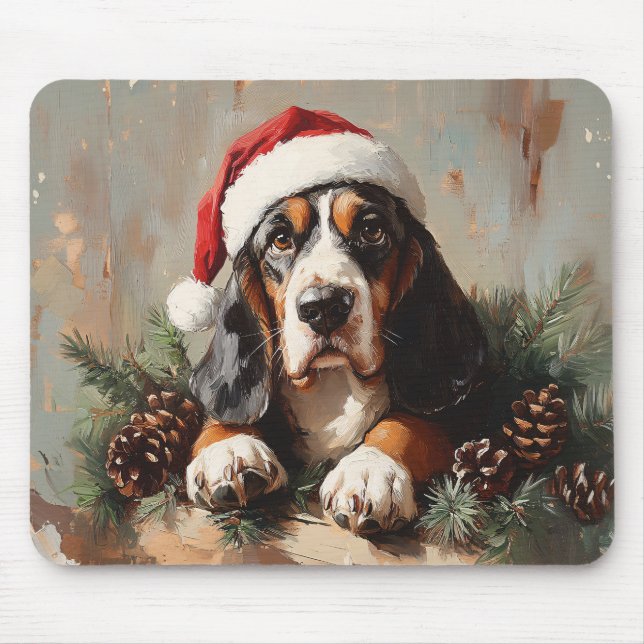 Basset Hound in a Santa Hat Oil Painting Mouse Mat (Front)