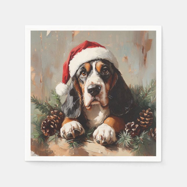 Basset Hound in a Santa Hat Oil Painting Napkin (Front)
