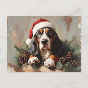 Basset Hound in a Santa Hat Oil Painting Postcard