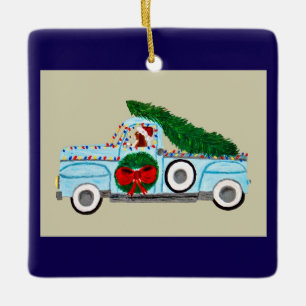 Basset Hound in Antique Pickup Truck at Christmas Ceramic Ornament