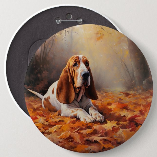 Basset Hound in Autumn Leaves Fall Inspire 6 Cm Round Badge (Front & Back)