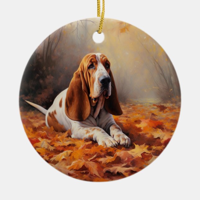Basset Hound in Autumn Leaves Fall Inspire Ceramic Tree Decoration (Front)