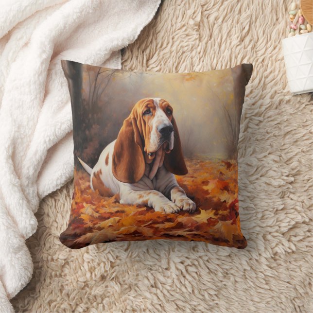 Basset Hound in Autumn Leaves Fall Inspire Cushion (Blanket)