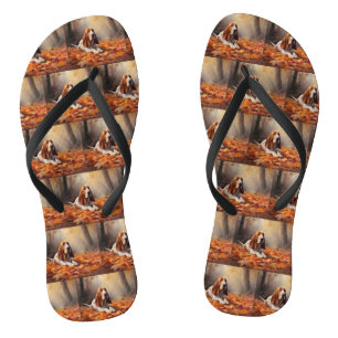 Basset Hound in Autumn Leaves Fall Inspire Flip Flops