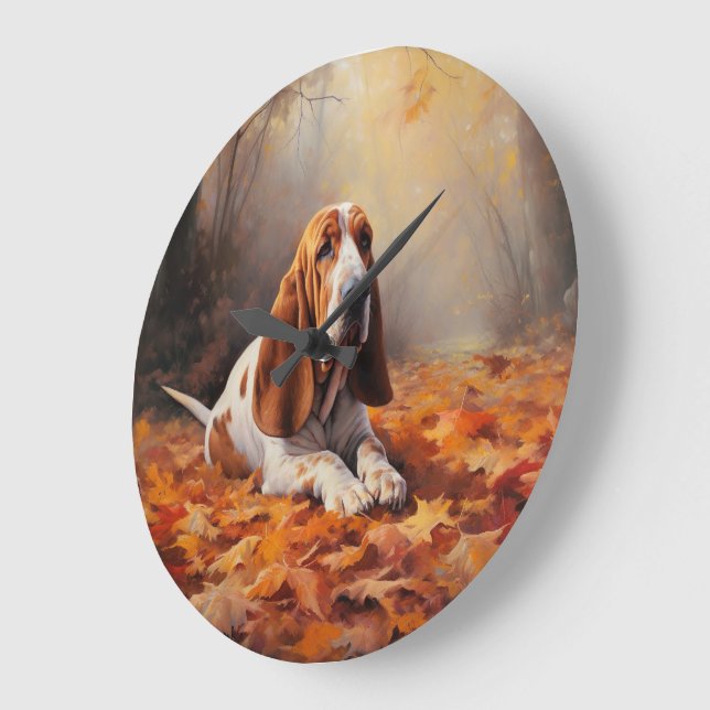 Basset Hound in Autumn Leaves Fall Inspire Large Clock (Angle)