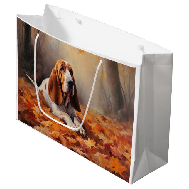 Basset Hound in Autumn Leaves Fall Inspire Large Gift Bag (Front Angled)