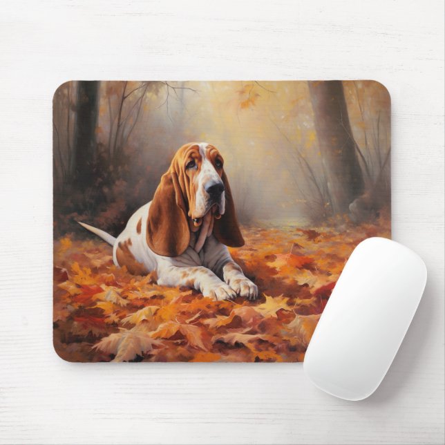 Basset Hound in Autumn Leaves Fall Inspire Mouse Mat (With Mouse)