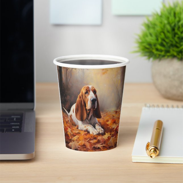 Basset Hound in Autumn Leaves Fall Inspire Paper Cups (Insitu)
