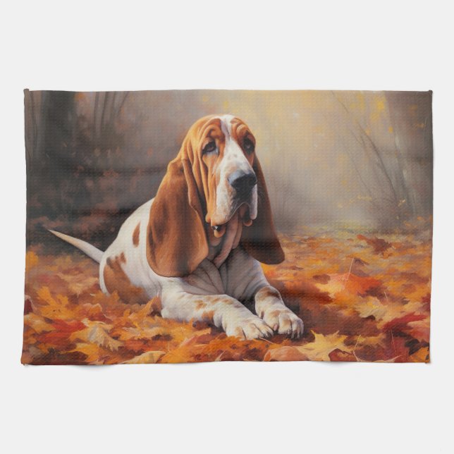 Basset Hound in Autumn Leaves Fall Inspire Tea Towel (Horizontal)