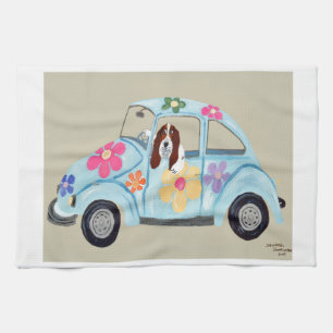Basset Hound in Hippie car  Tea Towel