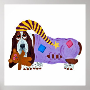 Basset Hound in PJs with teddy bear Poster