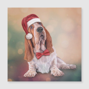 Basset Hound in red hat of Santa Claus