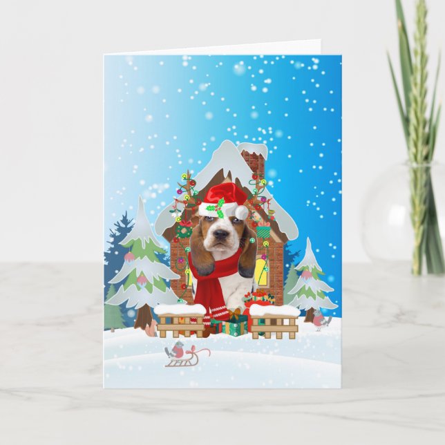 Basset Hound in snow with Christmas gifts  Card (Front)