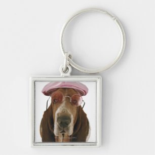 Basset hound in sunglasses and cap key ring