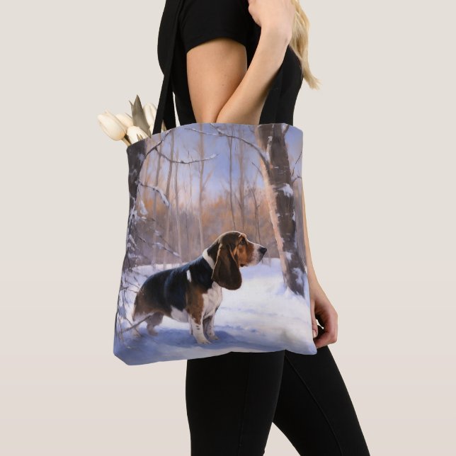 Basset Hound Let It Snow Christmas Tote Bag (Close Up)