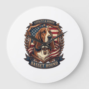 Basset Hound Loyalty Honour Dog American Flag Shie Large Clock