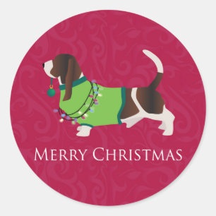 Basset Hound Merry Christmas Design Classic Round Sticker