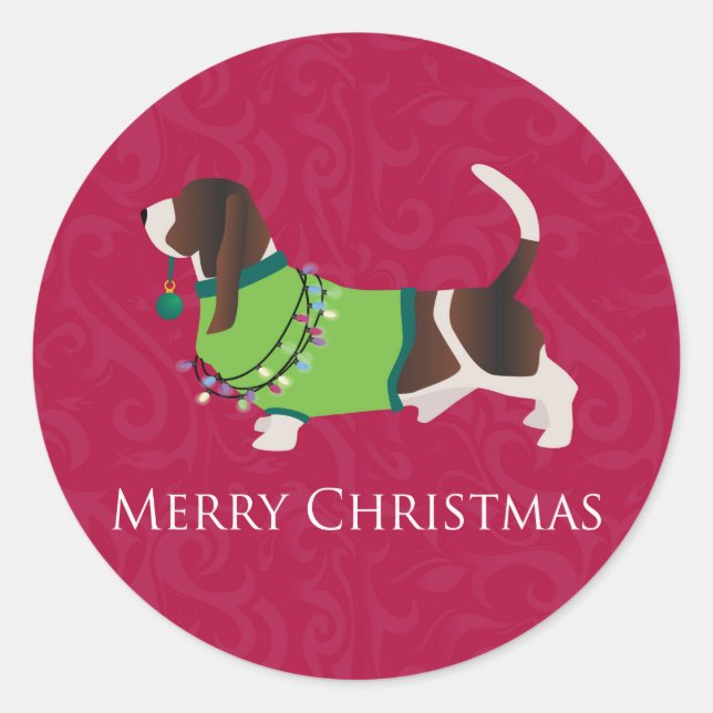 Basset Hound Merry Christmas Design Classic Round Sticker (Front)