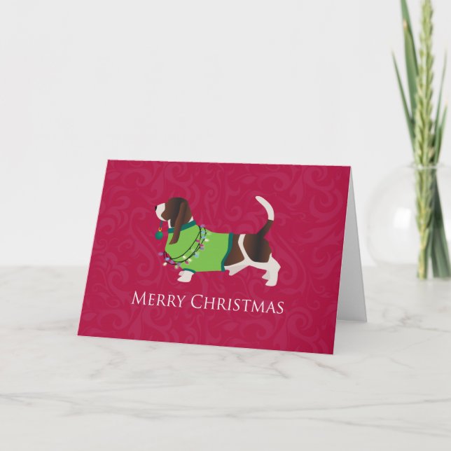 Basset Hound Merry Christmas Design Holiday Card (Front)