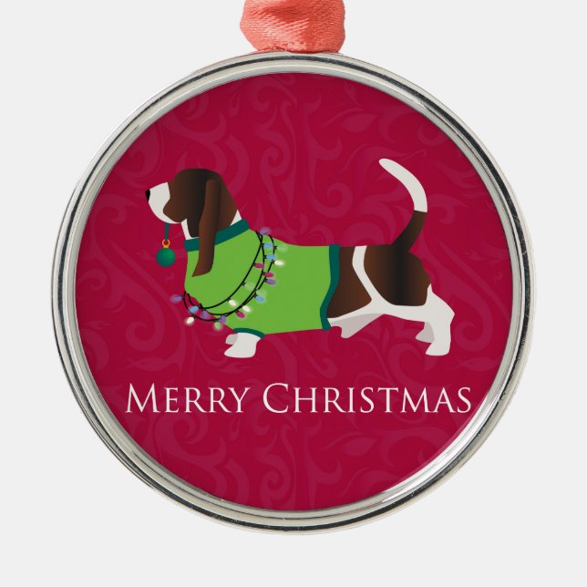 Basset Hound Merry Christmas Design Metal Tree Decoration (Front)