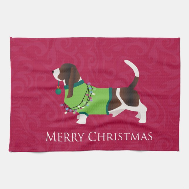 Basset Hound Merry Christmas Design Tea Towel (Horizontal)