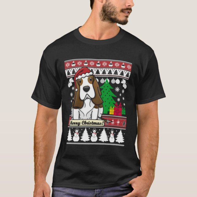 Basset Hound Merry Christmas Tree Dog Xmas Snow Sa T-Shirt (Front)