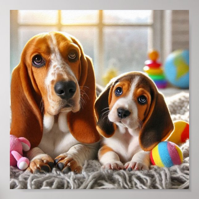 Basset Hound mum and her puppy Poster (Front)