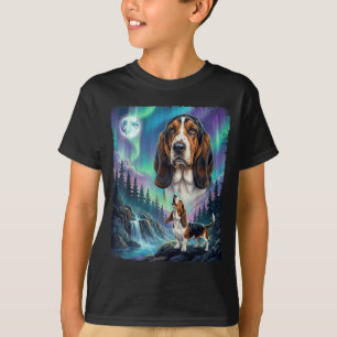 Basset Hound Northern Lights Aurora Moon Long T-Shirt