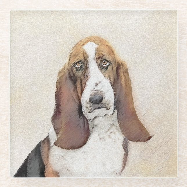 Basset Hound Painting - Cute Original Dog Art Glass Coaster (Front)