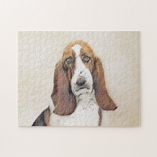 Basset Hound Painting - Cute Original Dog Art Jigsaw Puzzle (Horizontal)
