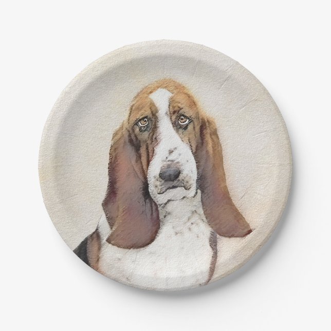 Basset Hound Painting - Cute Original Dog Art Paper Plate (Front)