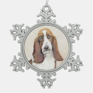 Basset Hound Painting - Cute Original Dog Art Snowflake Pewter Christmas Ornament