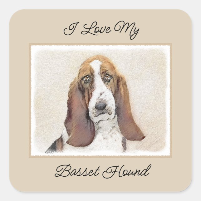 Basset Hound Painting - Cute Original Dog Art Square Sticker (Front)