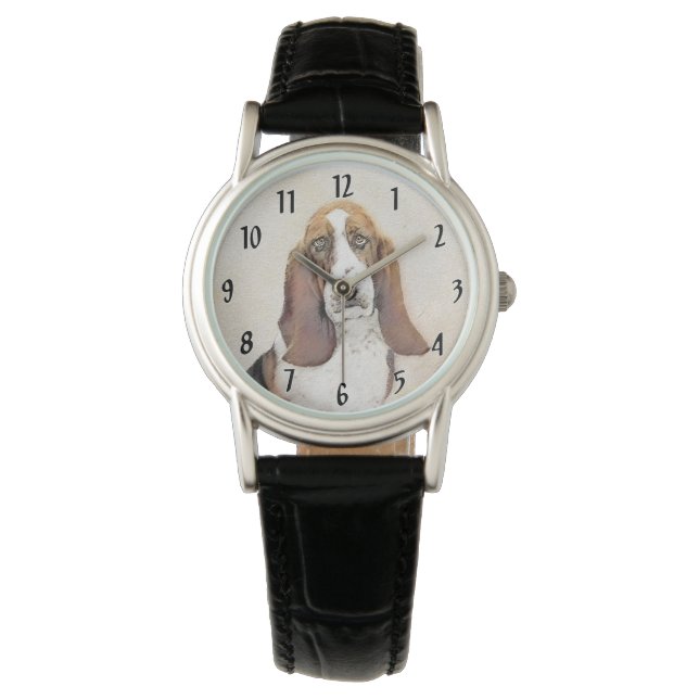 Basset Hound Painting - Cute Original Dog Art Watch (Front)