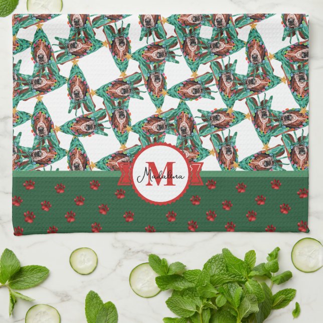 Basset Hound Pattern Monogram Christmas Dog Tea Towel (Folded)
