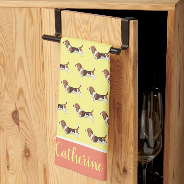 Basset Hound Pattern - Yellow Tea Towel (Thirds Fold)