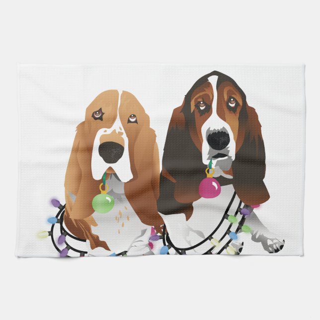 Basset Hound Peace Love Joy Christmas Design Tea Towel (Horizontal)
