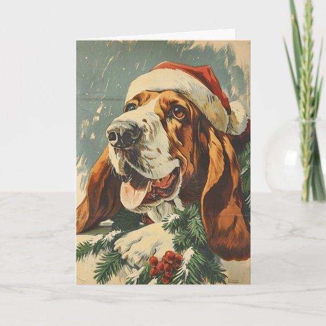 Basset Hound personalised vintage Christmas  Holiday Card (Front)
