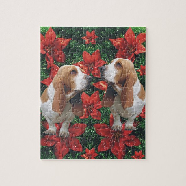 Basset Hound Poinsettia Christmas Jigsaw Puzzle (Vertical)