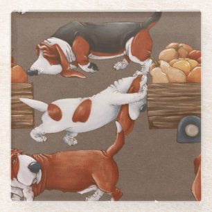 Basset Hound Pumpkin Harvest Pattern Glass Coaster