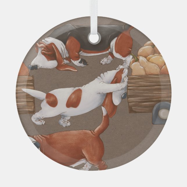 Basset Hound Pumpkin Harvest Pattern Glass Tree Decoration (Front)