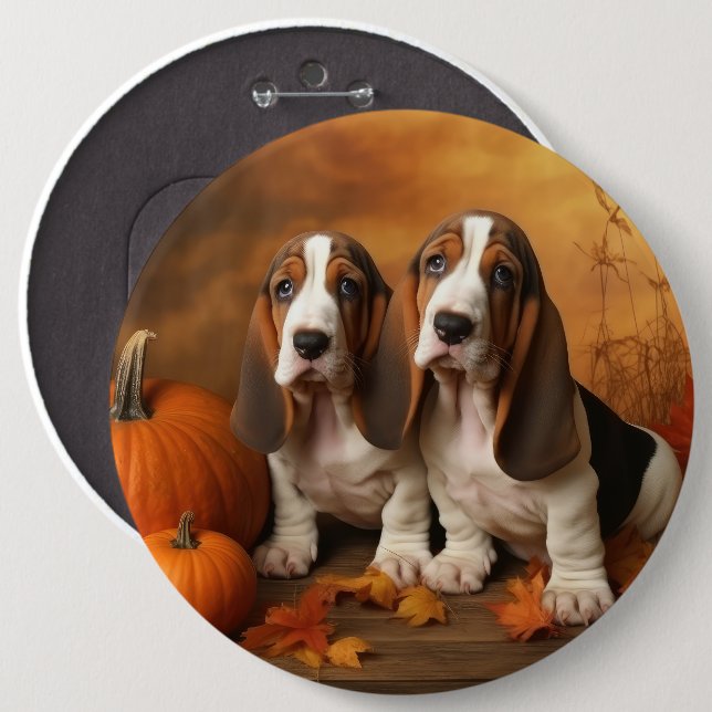 Basset Hound Puppy Autumn Delight Pumpkin  6 Cm Round Badge (Front & Back)