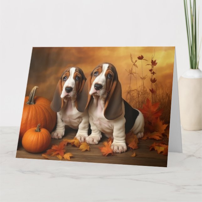 Basset Hound Puppy Autumn Delight Pumpkin  Card (Front)