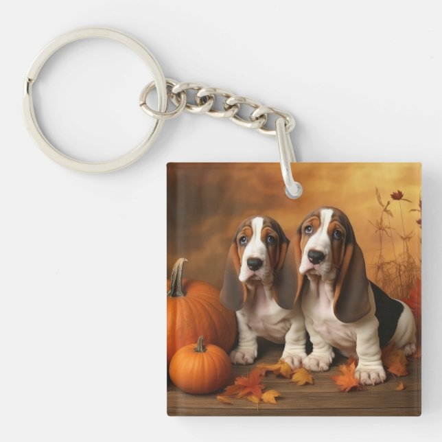 Basset Hound Puppy Autumn Delight Pumpkin  Key Ring (Front)
