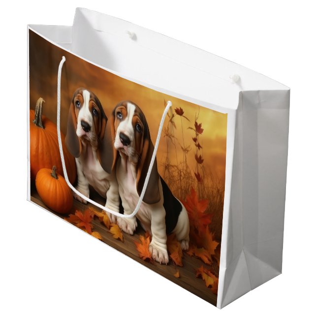Basset Hound Puppy Autumn Delight Pumpkin  Large Gift Bag (Front Angled)