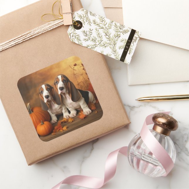 Basset Hound Puppy Autumn Delight Pumpkin  Square Sticker (Gifting)
