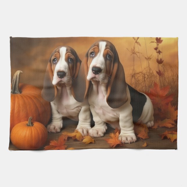 Basset Hound Puppy Autumn Delight Pumpkin  Tea Towel (Horizontal)