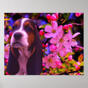 Basset Hound Puppy Blossoms Dog Art Poster